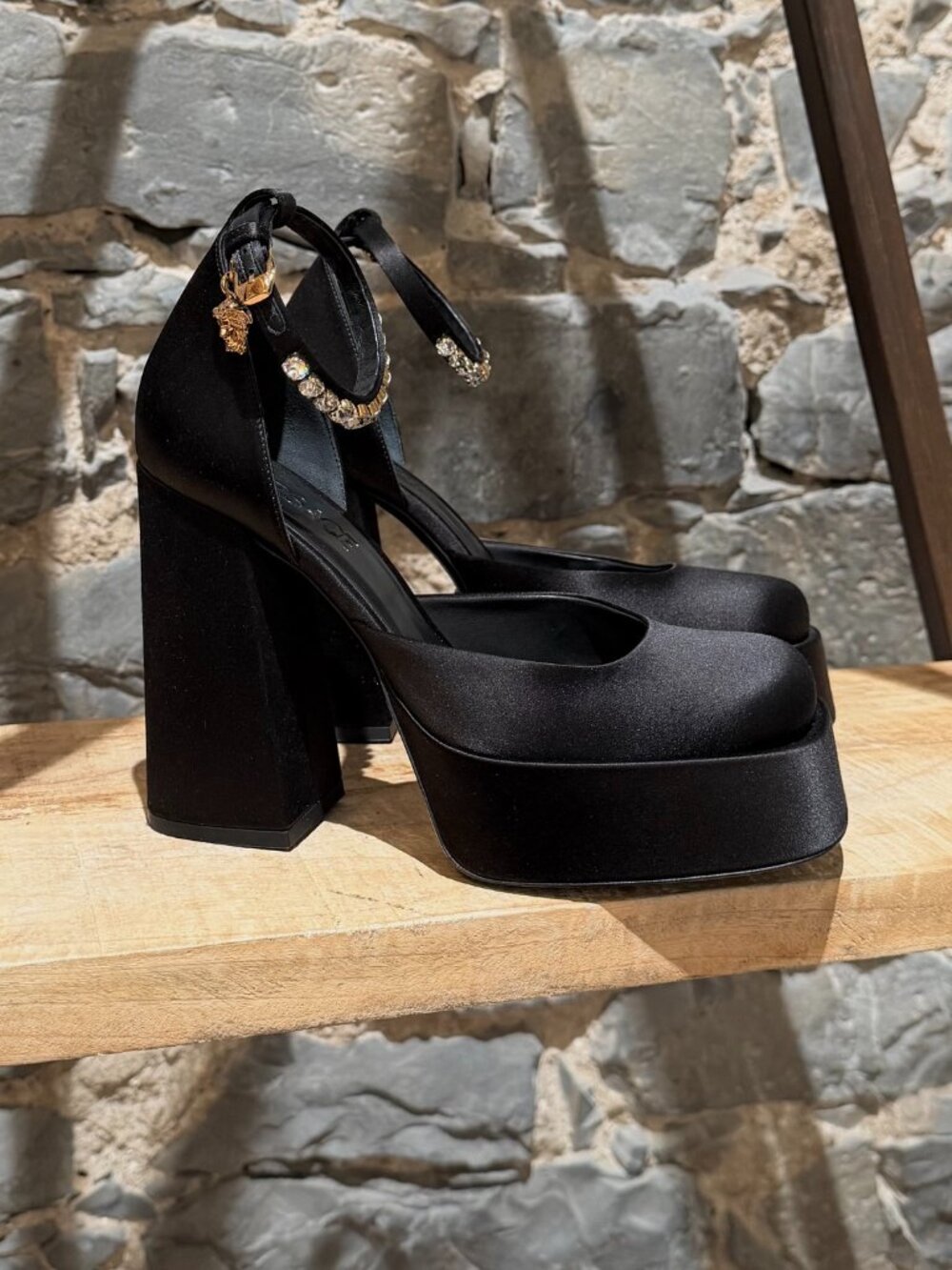 Versace Black Satin Medusa Aevitas Chunky Platform Pumps